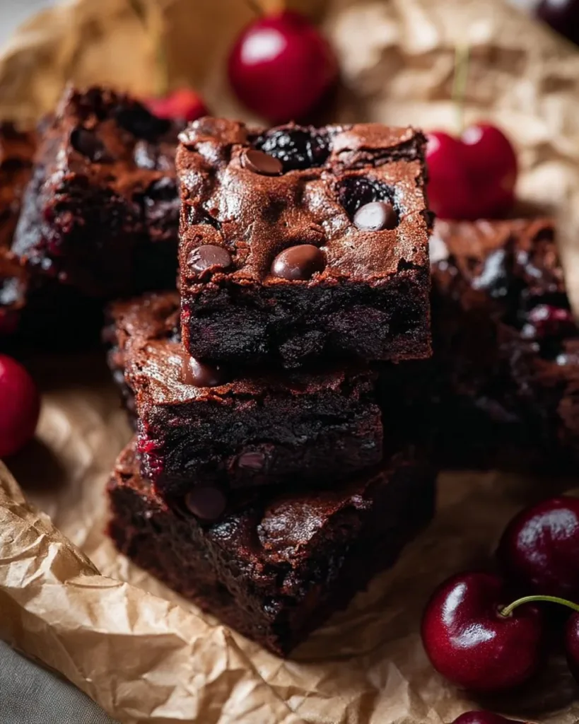Delicious roasted cherry brownies topped with fresh cherries