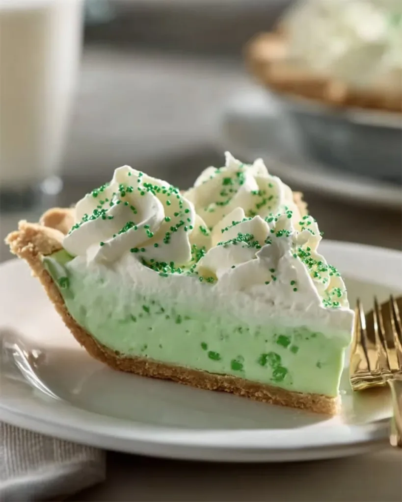 Delicious Shamrock Shake Pie with mint cream filling and whipped topping