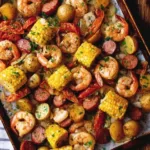 Sheet pan shrimp boil recipe with shrimp, potatoes, corn, and sausage.