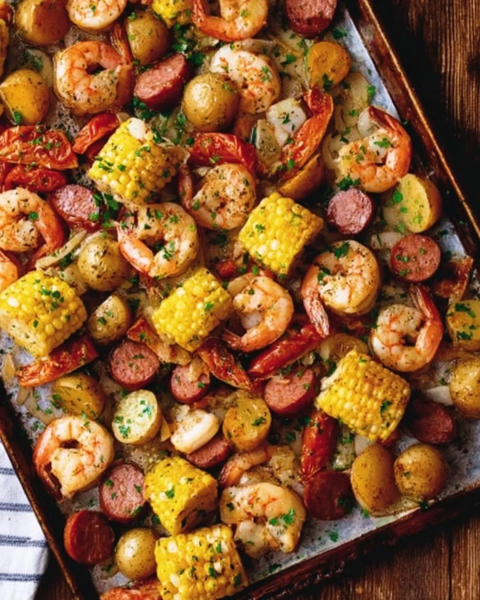 Sheet pan shrimp boil recipe with shrimp, potatoes, corn, and sausage.