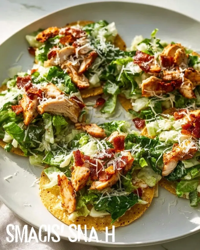 Smash Chicken Caesar Tacos with chicken, lettuce, and Caesar dressing in tortillas