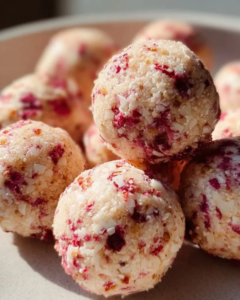 Delicious Strawberry Cheesecake Protein Balls on a wooden board.