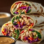 Thai Peanut Chicken Wraps served with fresh vegetables and sauce