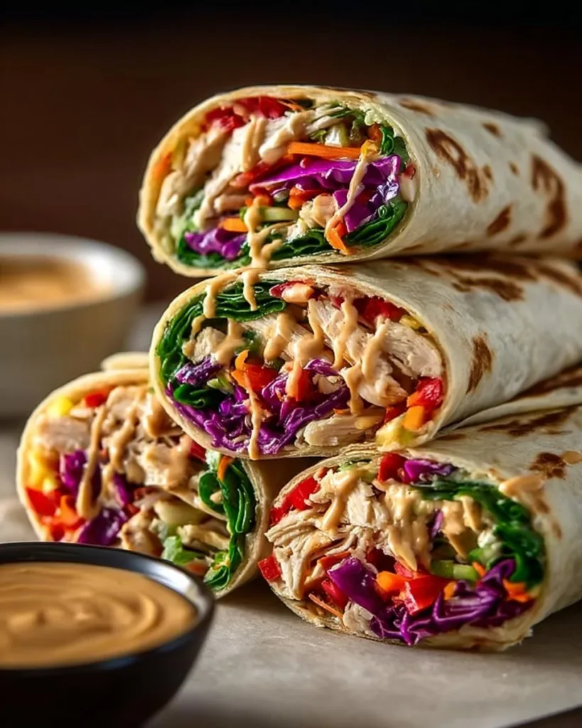 Thai Peanut Chicken Wraps served with fresh vegetables and sauce