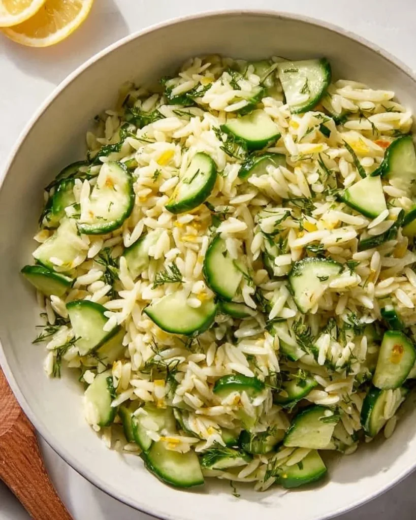 Zesty cucumber lemon orzo salad served in a bowl with fresh herbs