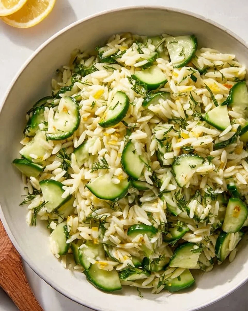Zesty cucumber lemon orzo salad served in a bowl with fresh herbs